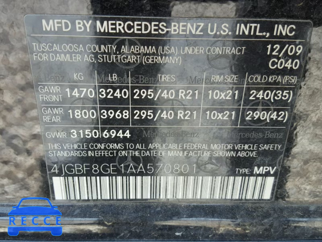2010 MERCEDES-BENZ GL 550 4MA 4JGBF8GE1AA570801 image 9