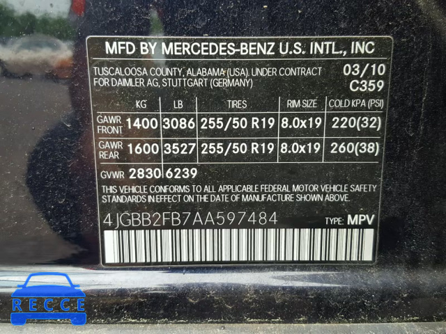 2010 MERCEDES-BENZ ML 350 BLU 4JGBB2FB7AA597484 зображення 9