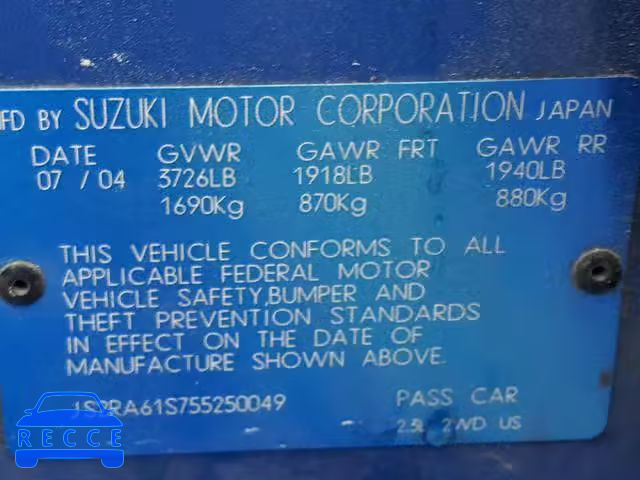 2005 SUZUKI AERIO S JS2RA61S755250049 image 9