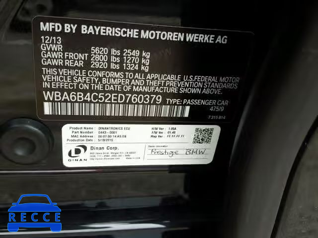 2014 BMW 650 XI WBA6B4C52ED760379 зображення 9
