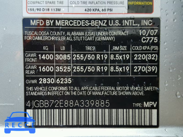 2008 MERCEDES-BENZ ML 550 4JGBB72E88A339885 зображення 9