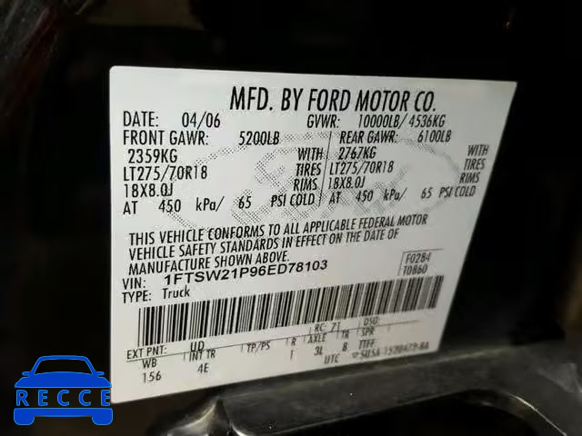 2006 FORD F 250 1FTSW21P96ED78103 Bild 9