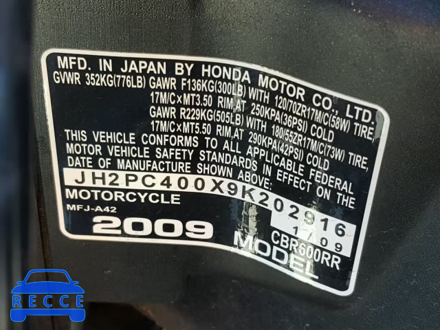 2009 HONDA CBR600 RR JH2PC400X9K202916 image 9