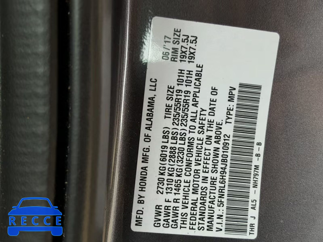 2018 HONDA ODYSSEY EL 5FNRL6H94JB010912 image 9