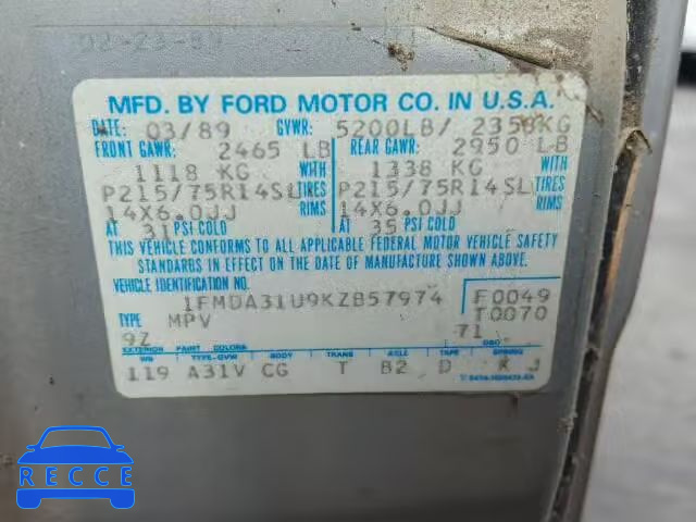 1989 FORD AEROSTAR 1FMDA31U9KZB57974 image 9