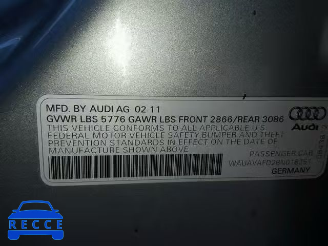 2011 AUDI A8 QUATTRO WAUAVAFD2BN018251 image 9