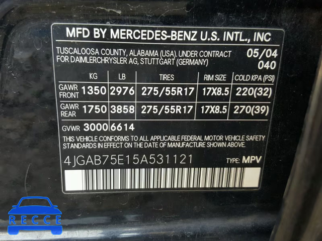 2005 MERCEDES-BENZ ML 500 4JGAB75E15A531121 зображення 9