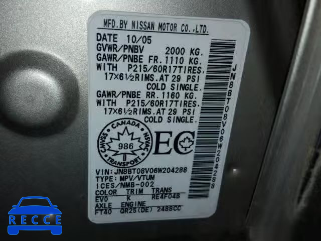 2006 NISSAN X-TRAIL XE JN8BT08V06W204288 Bild 9