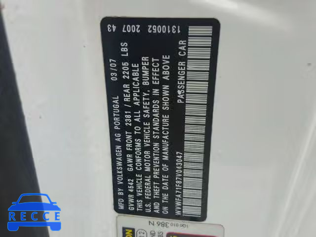 2007 VOLKSWAGEN EOS 2.0T L WVWFA71F87V043047 image 9