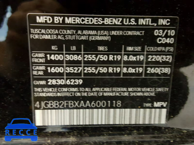 2010 MERCEDES-BENZ ML 350 BLU 4JGBB2FBXAA600118 зображення 9