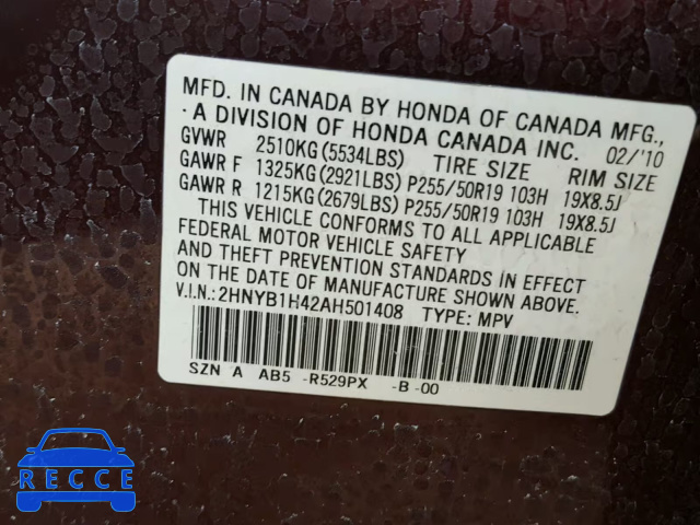 2010 ACURA ZDX TECHNO 2HNYB1H42AH501408 image 9