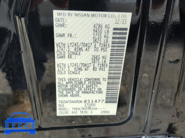 2016 NISSAN NV 3500 5BZAF0AA9GN851477 зображення 9