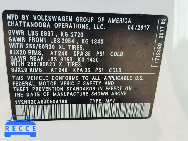 2018 VOLKSWAGEN ATLAS SEL 1V2NR2CA8JC504189 image 9