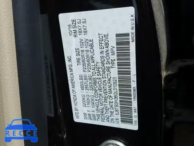 2016 ACURA RDX BASE 5J8TB3H36GL010923 зображення 9