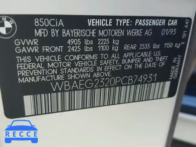 1993 BMW 850 I AUTO WBAEG2320PCB74931 image 9