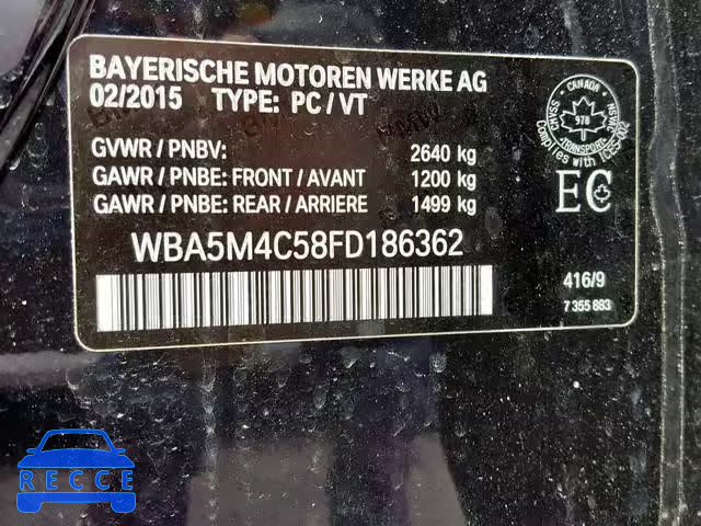 2015 BMW 535 XIGT WBA5M4C58FD186362 зображення 9