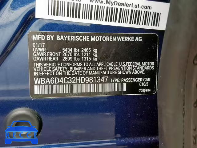 2017 BMW 650 I WBA6D4C32HD981347 зображення 9