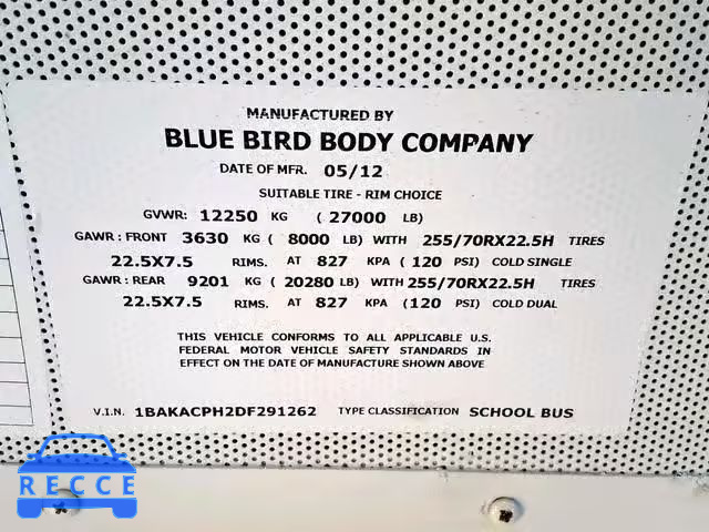 2013 BLUE BIRD SCHOOL BUS 1BAKACPH2DF291262 зображення 9