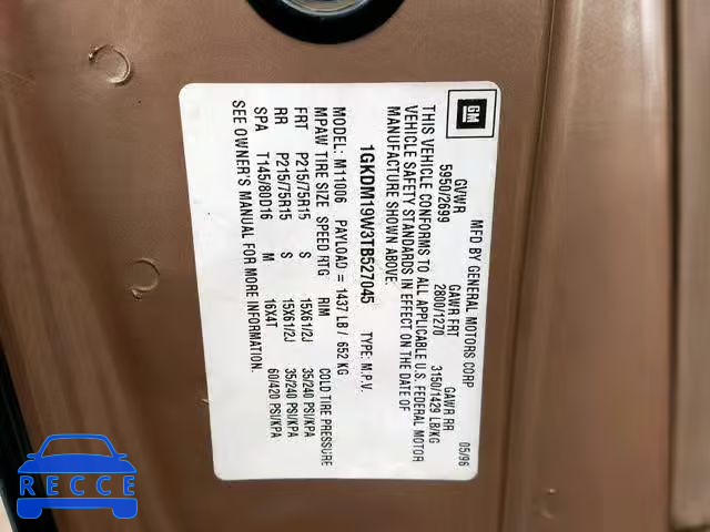 1996 GMC SAFARI XT 1GKDM19W3TB527045 Bild 9