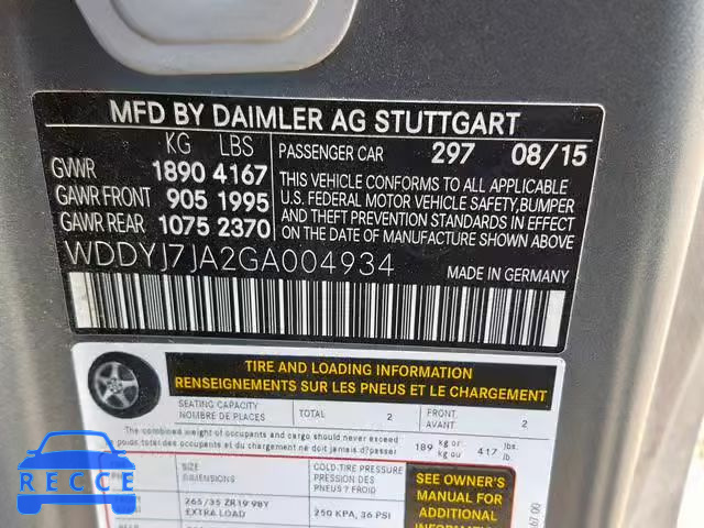 2016 MERCEDES-BENZ AMG GT S WDDYJ7JA2GA004934 зображення 9