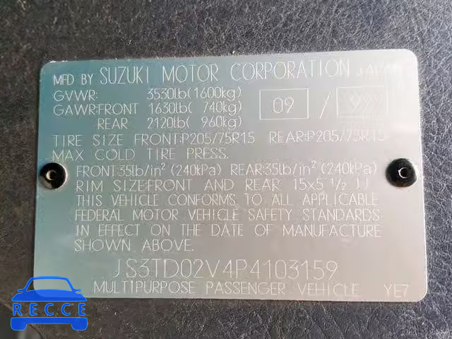 1993 SUZUKI SIDEKICK J JS3TD02V4P4103159 image 9