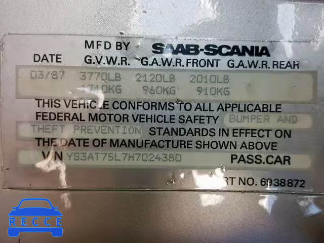 1987 SAAB 900 YS3AT75L7H7024380 Bild 9