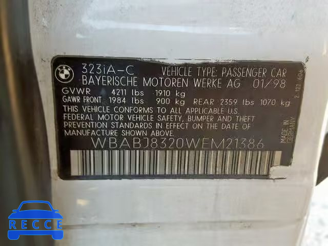 1998 BMW 323 IC AUT WBABJ8320WEM21386 зображення 9