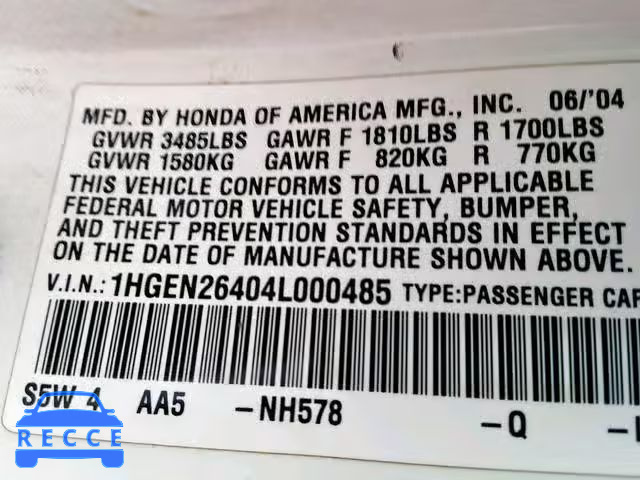 2004 HONDA CIVIC GX 1HGEN26404L000485 image 9