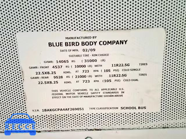 2010 BLUE BIRD SCHOOL BUS 1BAKGCPA4AF269051 зображення 9