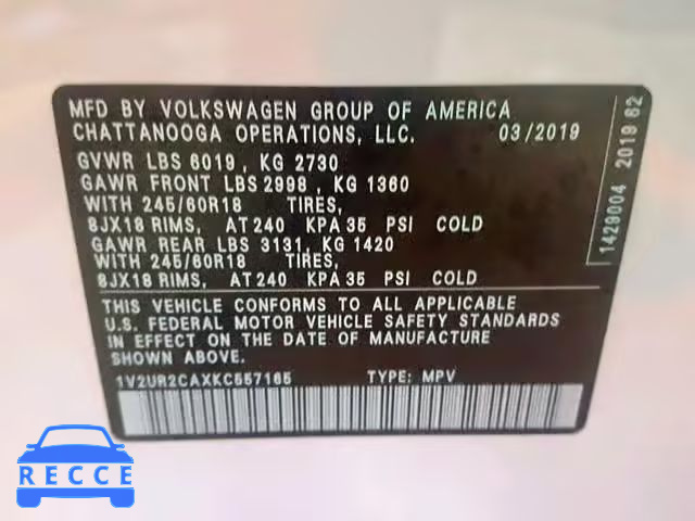 2019 VOLKSWAGEN ATLAS SE 1V2UR2CAXKC557165 зображення 9