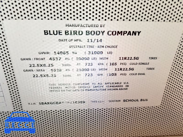 2016 BLUE BIRD SCHOOL BUS 1BAKGCBA6GF316399 зображення 9