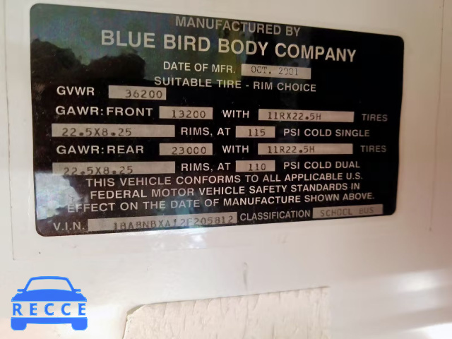 2002 BLUE BIRD SCHOOL BUS 1BABNBXA12F205812 зображення 9
