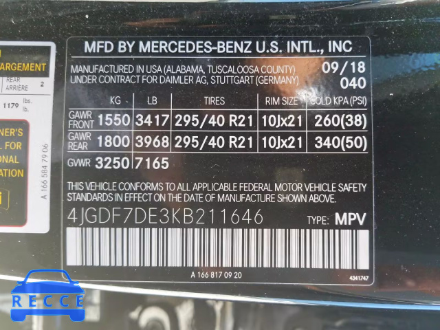 2019 MERCEDES-BENZ GLS 550 4M 4JGDF7DE3KB211646 image 9
