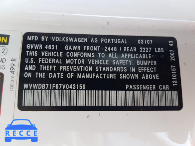 2007 VOLKSWAGEN EOS 3.2L S WVWDB71F67V043150 image 9