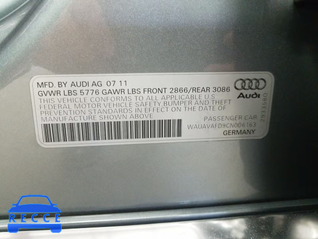 2012 AUDI A8 QUATTRO WAUAVAFD9CN006163 image 9