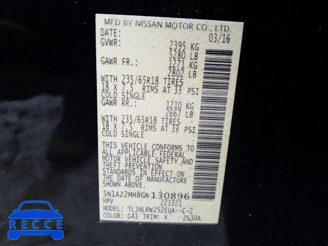2016 NISSAN MURANO SL 5N1AZ2MH8GN130896 Bild 9