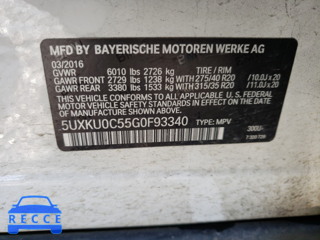2016 BMW X6 SDRIVE3 5UXKU0C55G0F93340 image 9