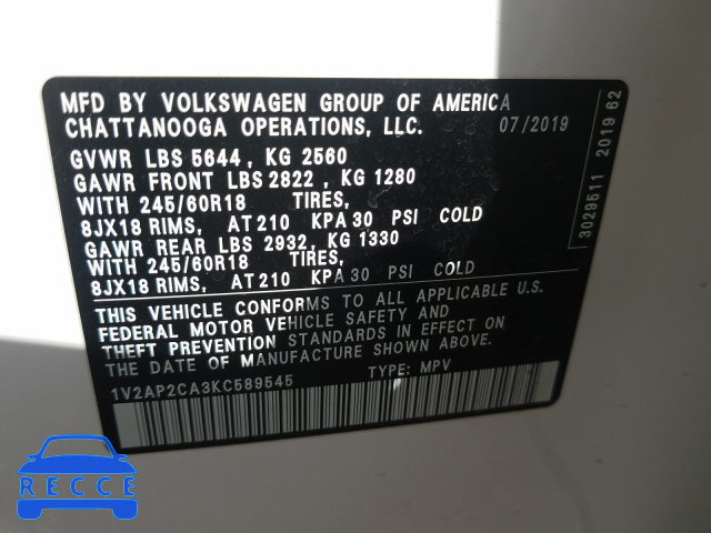 2019 VOLKSWAGEN ATLAS S 1V2AP2CA3KC589545 image 9