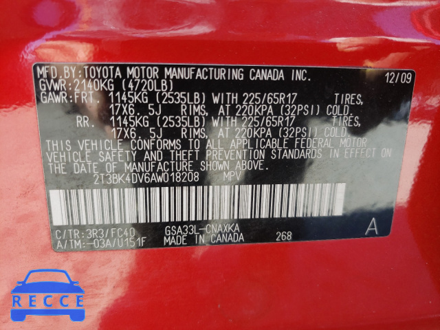 2010 TOYOTA RAV 4 2T3BK4DV6AW018208 image 9