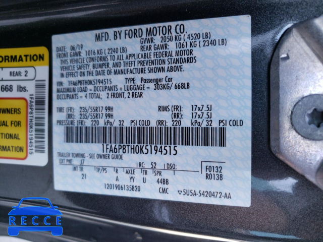2019 FORD MUSTANG 1FA6P8TH0K5194515 image 9