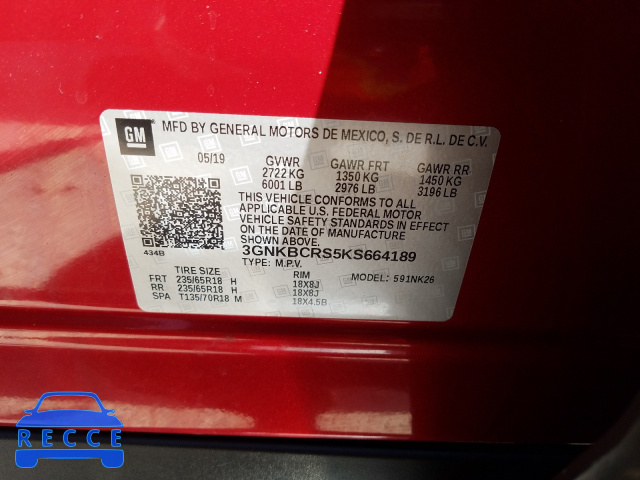 2019 CHEVROLET BLAZER 2LT 3GNKBCRS5KS664189 image 9