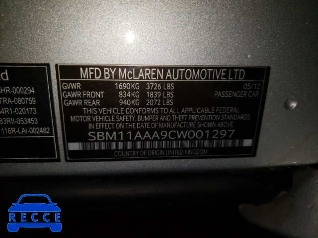 2012 MCLAREN AUTOMATICOTIVE MP4-12C SBM11AAA9CW001297 image 9