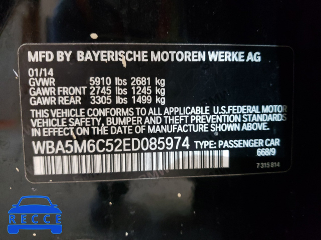2014 BMW 550 IGT WBA5M6C52ED085974 зображення 9