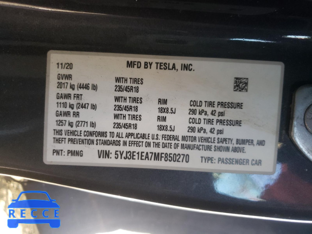 2021 TESLA MODEL 3 5YJ3E1EA7MF850270 Bild 9