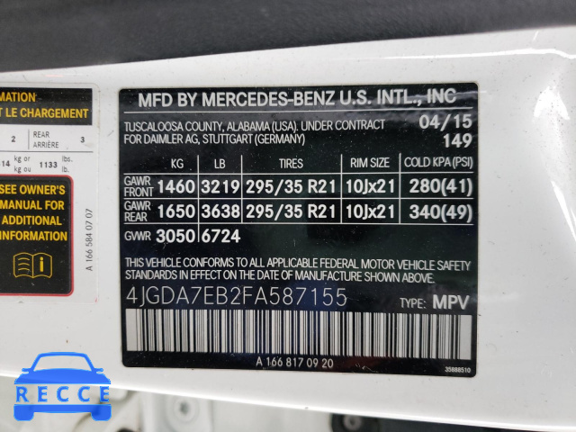 2015 MERCEDES-BENZ ML 63 AMG 4JGDA7EB2FA587155 Bild 9
