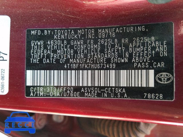 2017 TOYOTA CAMRY LE/X 4T1BF1FK7HU673499 image 9