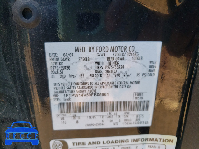 2009 FORD F150 CREW 1FTPW14V59FB05961 image 9