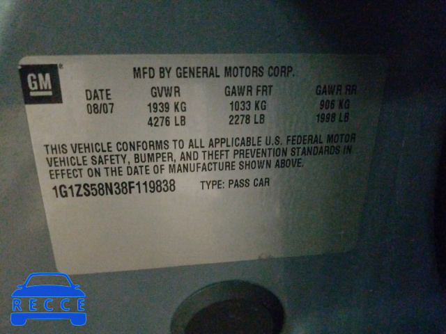 2008 CHEVROLET MALIBU CLA 1G1ZS58N38F119838 image 9