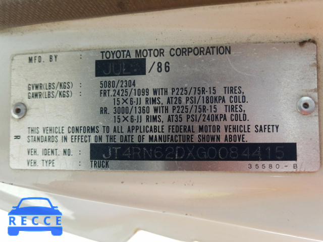 1986 TOYOTA 4RUNNER RN JT4RN62DXG0084415 зображення 9