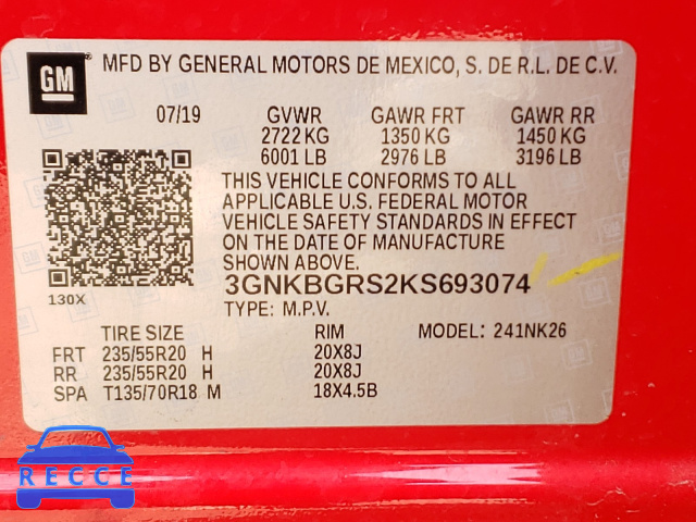 2019 CHEVROLET BLAZER 2LT 3GNKBGRS2KS693074 image 9